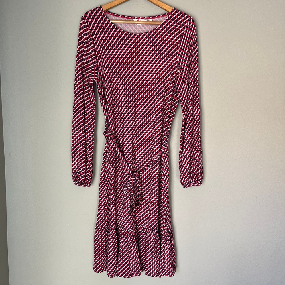 BODEN Jersey Dress Women's 10 Pink Navy Geometric Long Sleeve Ruffle Tie Waist - Picture 3 of 7